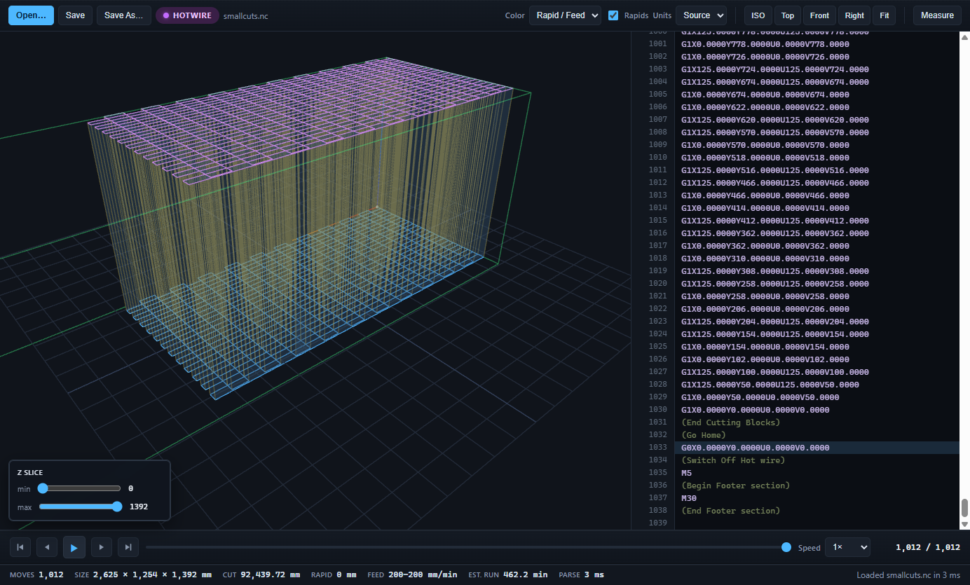 A 4-axis hotwire program in Toolpath Viewer showing both tower paths and the translucent surface swept by the wire