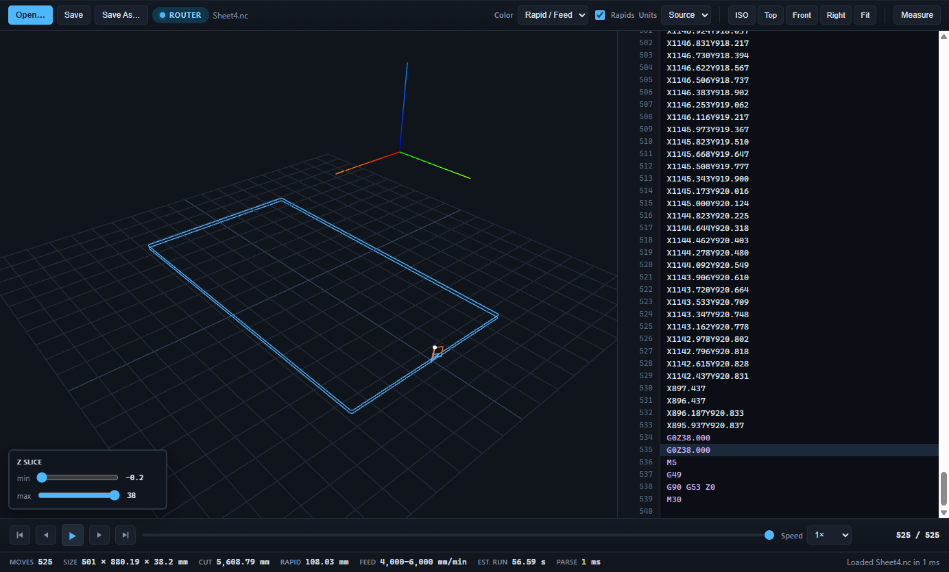 A router job of 525 moves in Toolpath Viewer, cuts in blue and rapids in orange, with the g-code beside it
